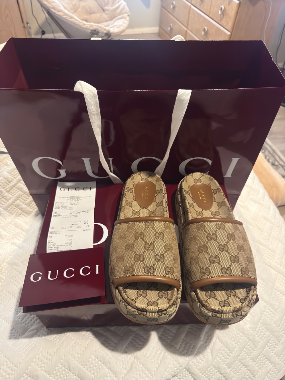 Gucci Beige Monogram Canvas Slide Sandals with Tan Trim